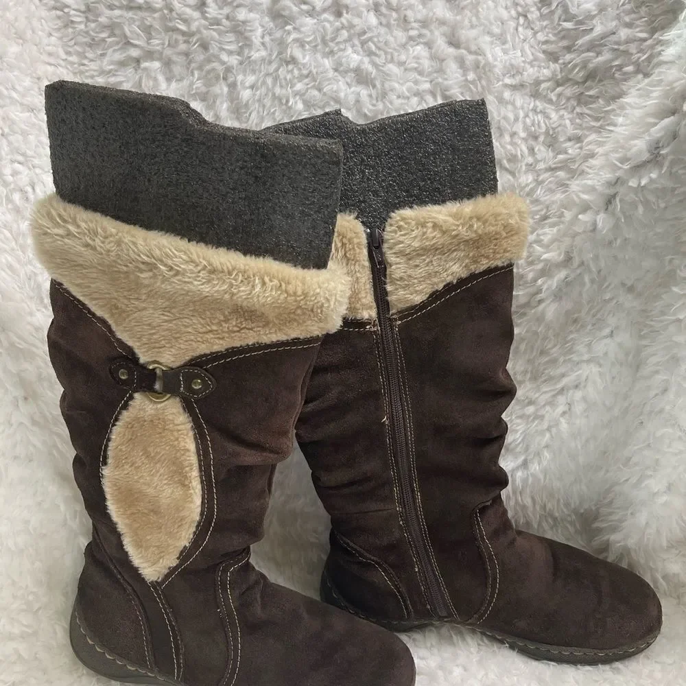 BareTraps Ellery leather suede Brown mid calf boots with faux fur lining SZ9W